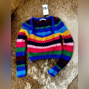 Zara Striped Crochet Colorful Cropped Sweater SZ Med